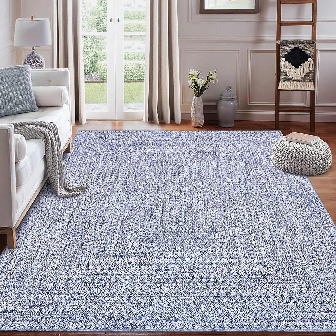 ROYHOME 8x10 Area Rug Machine Washable Rug for Living Room Print Braided Accent Rug Stain Resistant Non-Slip Carpet Farmhouse Solid Printed Textured Floor Cover for Home Decor, Blue