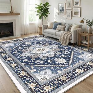 OPPODREAM Soft 6x9 Area Rugs, Washable Rug 6x9 with Non Slip Backing, Faux Cashmere Low-Pile 6 x 9 Carpet, Navy Blue & Gold