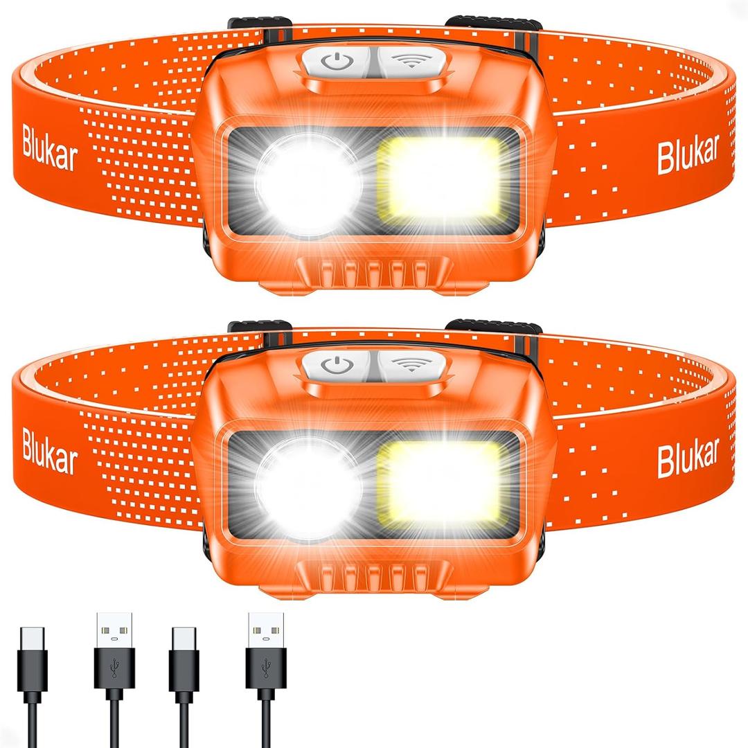 Blukar LED Headlamp,2000L Super Bright Rechargeable Headlight Flashlight with White&Red Light 2 Pack - Motion Sensor,Dimmable Brightness,8 Modes,Spotlight&Floodlight,IPX5 Waterproof for Camping-Orange