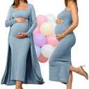 Rnxrbb 2 Piece Maternity Dress Cardigan Baby Shower Wedding Guest Summer Gender Reveal Photoshoot Tube Maternity Dress Long XL Light Blue