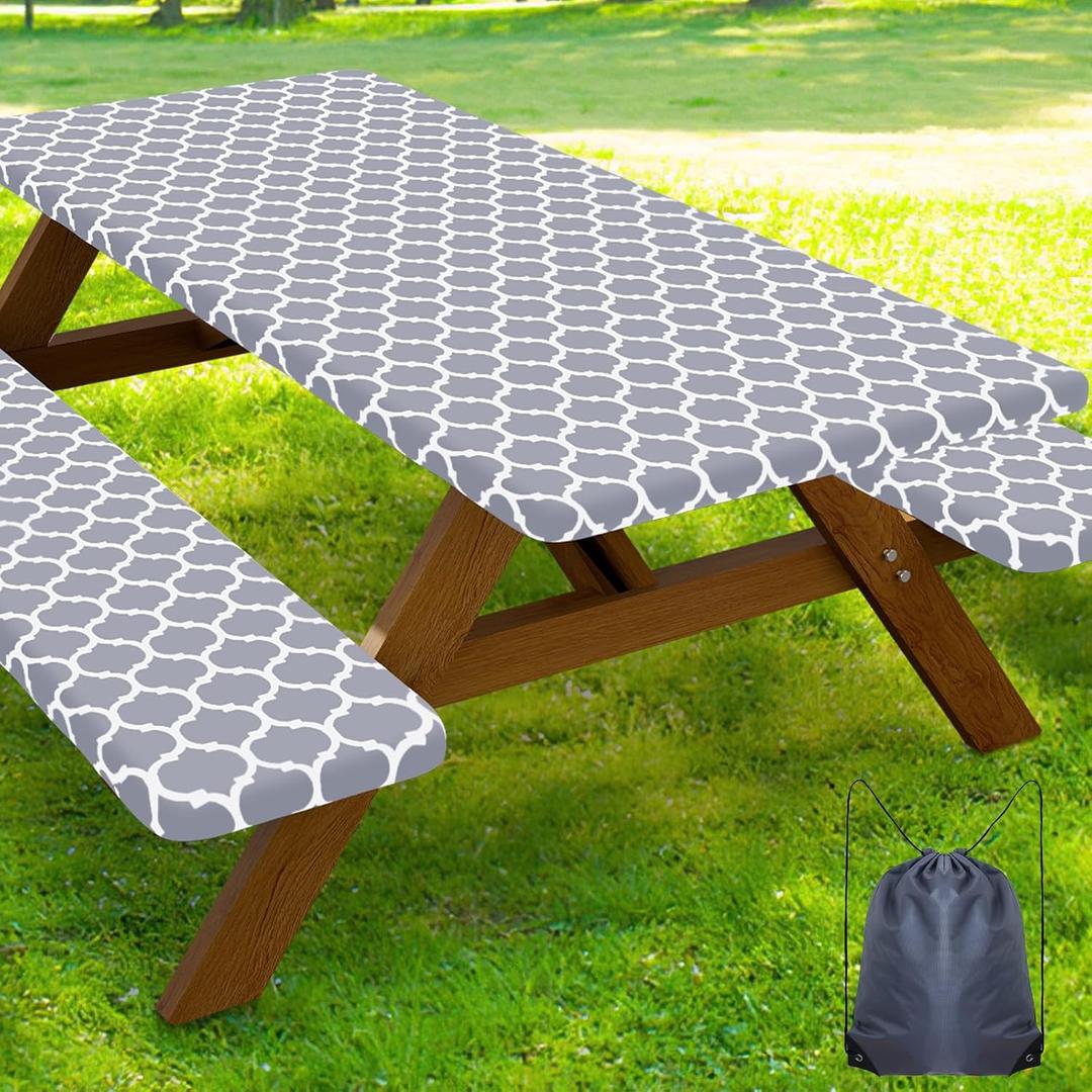 Smiry Picnic Table Cover with Bench Covers, Waterproof Elastic Fitted Tablecloth for 8 Foot Tables, Washable Polyester Tablecloths for Camping, Indoor & Outdoor (Grey, 30x96 Inch 3-pc Set)