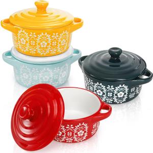 Goaste 4 Pack Porcelain Ramekins with Lids, 7 OZ Mini Casserole Dish with Handles, Round Ceramic Cocotte Bowl Set, Individual Small Baking Dish for Souffle, Creme Brulee, Lava Cake, Soup (4 Colors)