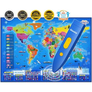 Qiaojoy Bilingual Interactive World Map for Kids Learning and Educational Toys, Talking Electronic Kids World Map i-Poster Geography Games Ages 3 to 12 Years Old, Custom Talking Birthday Gifts Card