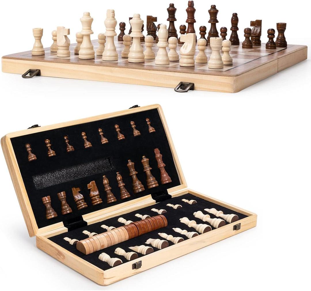 15" Wooden Chess Set | Folding Board, 2 Extra Queens | Magnetic Chess Board Set for Adults & Kids, Pieces Storage Slots Checkers Game for Kids Portable Travel Chess Game for Beginner (Original Wood Color)