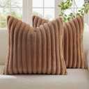 decorUhome Summer Cozy Faux Fur Throw Pillow Covers 16x16 Set of 2 Decorative Soft Plush Striped Modern Farmhouse Boho Couch Pillow Cases with Velvet Back for Sofa Bed Living Room, Brown