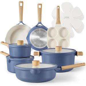 CAROTE 15 Pcs Pots and Pans Set Non Stick, Kitchen Cookware Sets Nonstick, Blue, Cookware sets, Frying Pan and Pot Set, Kitchen Induction, Large Capacity