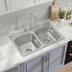 Rhbamoa 33''x22'' Drop In Kitchen Sink Double Bowl,18-Gauge T304 Stainless Steel Kitchen Sink 33 Inch,10'' and 7'' Deep Top Mount Double sinks with Strainers - 3 Faucet Holes