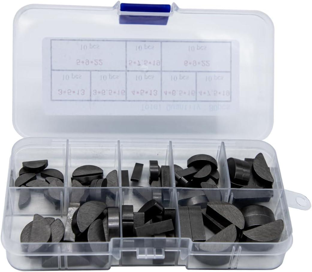 80pcs Carbon Steel Woodruff 3mm 4mm 5mm 6mm Semicircle Half Moon Key with 8 Size, Professional Drive Half Moon Shaft Keys Set Assortment for Fasteners Mechanical Industry