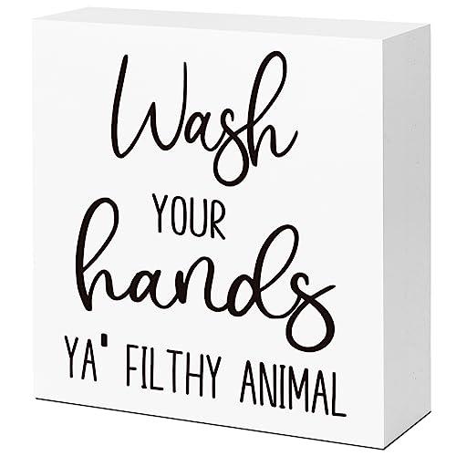 LVQHI Wash Your Hands Ya Filthy Animal Sign Bathroom Decor, Funny Small Bathroom Decor For Shelves, Rustic Sign Decoration For Toilet Restroom Tabletop Desk