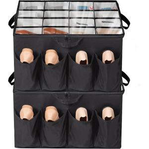Shoe Organizer for Closet, Shoe Storage Solution with Clear Cover & Adjustable Dividers, Fabric Shoe Box Fits 16 +8 Pairs Shoes, Black, 2-Pack