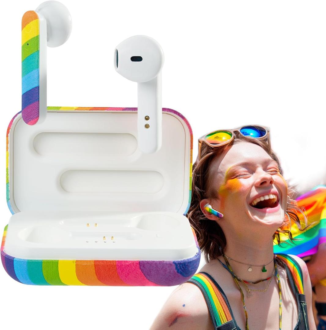 True Wireless Earbuds, Rainbow Pride Bluetooth Ear Buds for Music, Podcasts, Built-in Mic, Rechargeable Headset for Home, Car, Travel, Beach