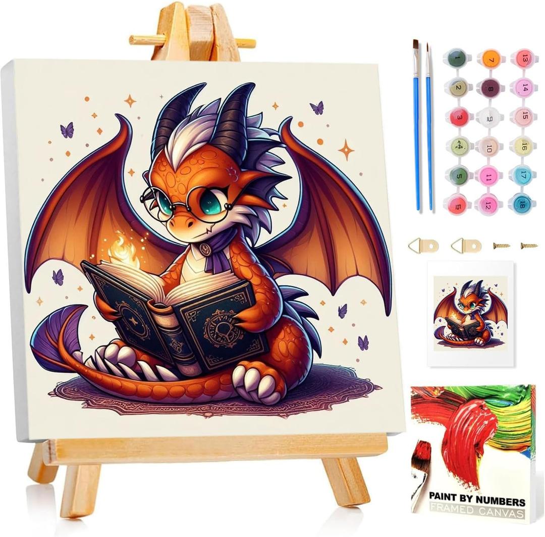 Paint by Numbers Kit for Kids with Frame, Dragon Paint by Numbers for Kids Ages 4-8-12, DIY Dragon Acrylic Oil Painting for Home Wall Art Decor Gift 7.8x7.8 inch (with Frame Easel)