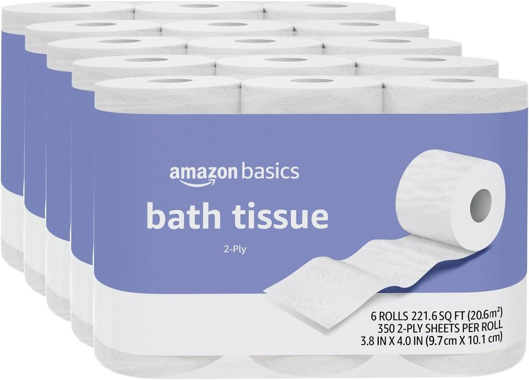 Amazon Basics 2-Ply Toilet Paper, 30 Rolls = 120 Regular Rolls, 350 Sheets, (Pack of 30), Unscented (350 sheet (Pack of 30))