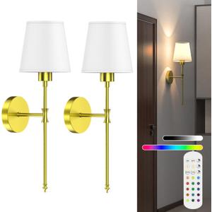 Stylish Battery Operated Wall Sconce, Set of 2 Wireless Wall Lights for Bedroom and Living Room, Remote-Controlled Wall Lamps with 12 Color Modes for Cozy Ambiance (Golden)