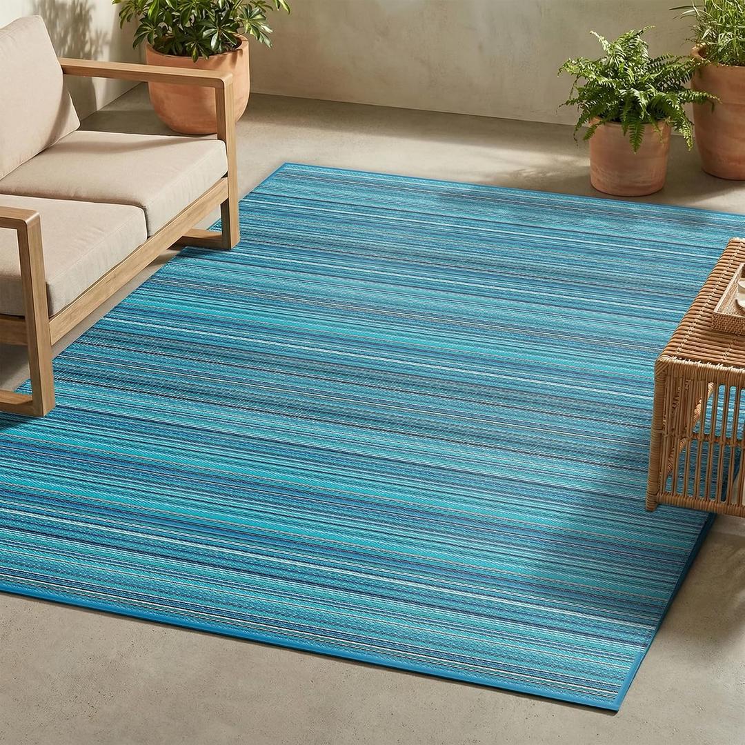 FH Home Outdoor Camping Rug - Waterproof, Fade Resistant, Reversible - Premium Recycled Plastic - Striped - Large Patio, Deck, Sunroom, RV - Havana - Turquoise - 9 x 18 ft Foldable