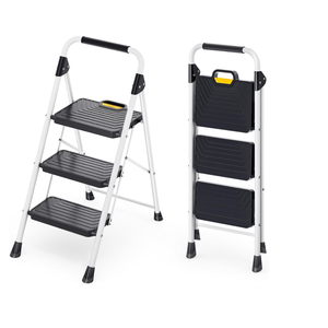 KINGRACK Sturdy Steel 3 Step Ladder, Folding Step Stool with Handrail, Anti-Slip Wide Pedals, Safe-Lock Design, Pass 800lbs Load Testing, Portable Ladder for Multi-Purpose in Home, Kitchen, White