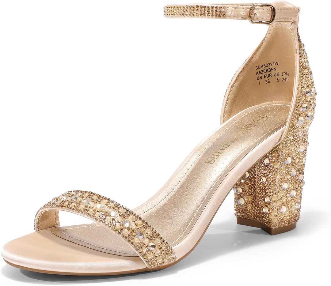 DREAM PAIRS Women's Chunk Low Heel Pump Sandals (6) Gold/Rhinestone