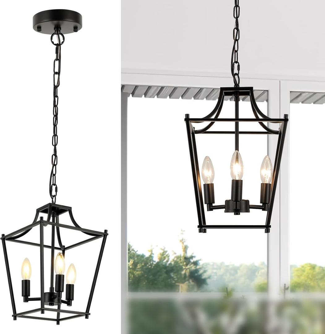Lantern Pendant Light Black Pendant Light Fixtures 3-Light Black Lantern Pendant Lights, 9.4" Adjustable Farmhouse Pendant Lighting for Kitchen Island Dining Room Foyer