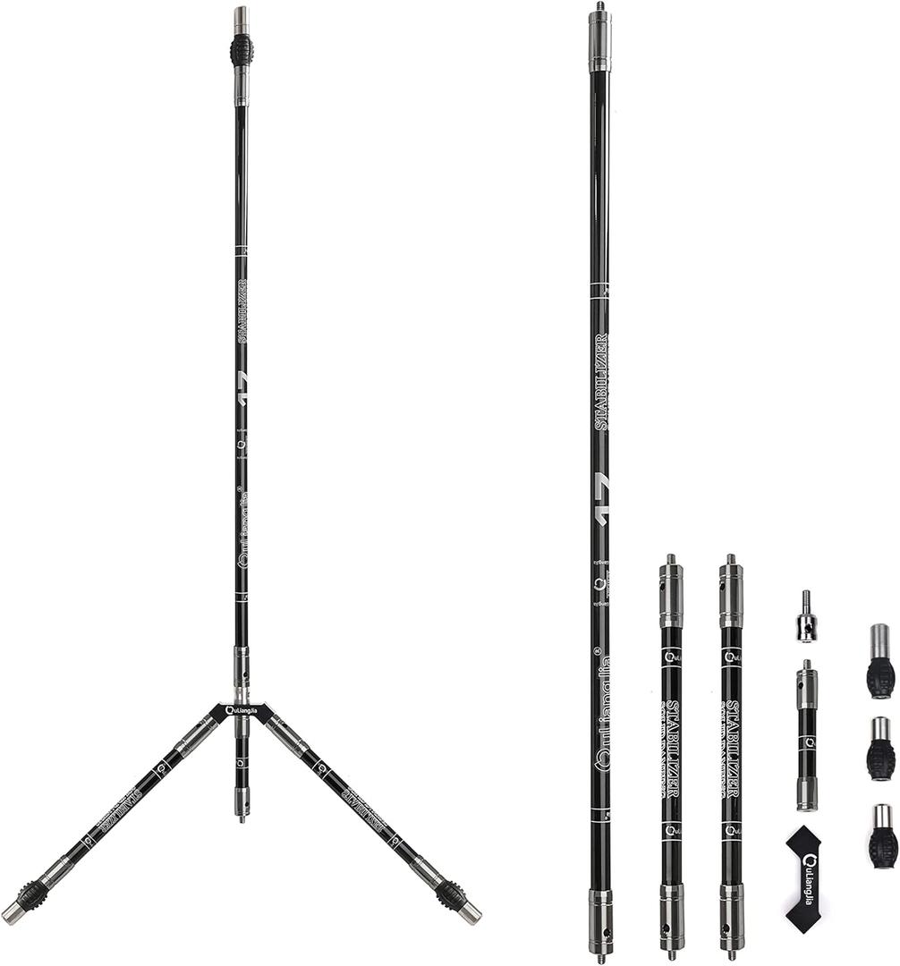 Archery Bow Stabilizer Set for Recurve Bow Carbon Fiber Bow Stabilizer Extension Pole Rod Bow Stabilizer  (Shiny Black-30''+2 * 12''+5''+V bar Mount Set)