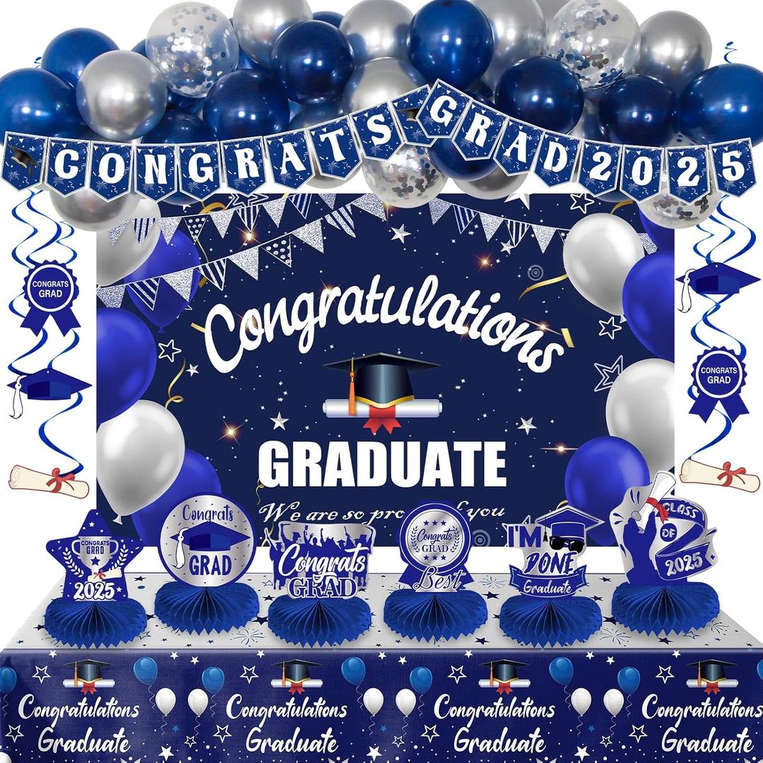 Graduation Decorations Party Supplies, Grad Party Supplies Class of 2025 Congrats Grad Party Decorations Graduation Party Decoration with Grad Balloons Hanging Swirls Backdrop Tablecloth, Blue