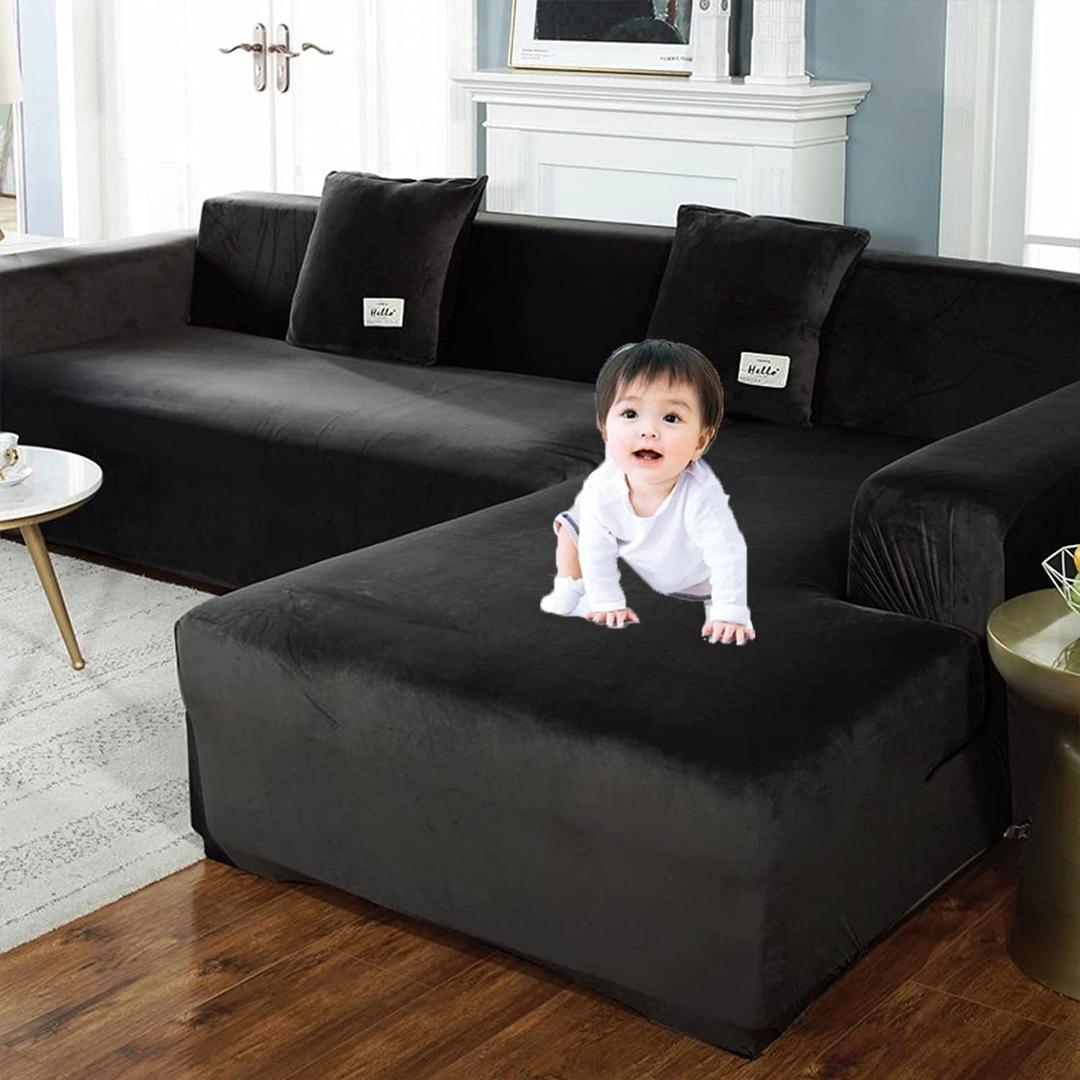 Sectional Sofa Covers 1 Pcs Stretch Couch Slipcover for L Shape Couch Chaise Sofa Furniture Protector Cover for Kids Dogs Pets with 3 Pcs Pillow Covers (Black)