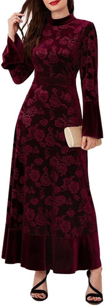 Women's Fall Winter Dress Long Sleeve Velvet Long Maxi Dress with Belt Party Dress Flowy A Line Wedding Guest Dress (Red)