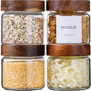 Glass Jars with Wood Lid 15 Oz 4 Pack, 3.44 MM Thick Glass Containers Mason Jars for Kitchen Storage with Screw Top