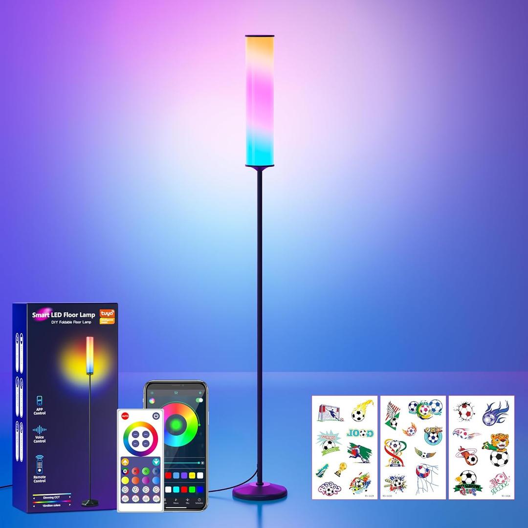 RGB Cylinder Floor Lamp, 1500Lumen Smart Floor Lamps, DIY Mode, Music Sync, Compatible with Alexa, Google, and Apple, for Living Room, Bedroom, Gaming, with Three Stickers