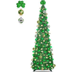 Timer & Shamrock - St Patricks Day Decorations, 5Ft Lighted St Patricks Day Tree with 50 LED Warm Lights 12 Balls Ornaments Battery Operated Pop Up Tinsel Collapsible Tree for Home Porch Office Party