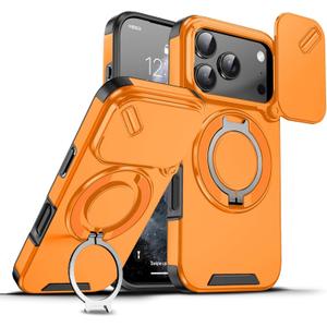 for Apple 17 Pro Max Case with Slide Camera Cover, Military Grade Drop Protection Heavy Duty Shockproof with 360 Rotate Kickstand Case for iPhone 17 Pro Max.Slide Orange
