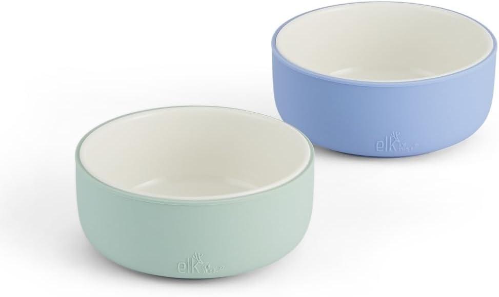 Elk and Friends Kids Porcelain Bowls with Silicone Sleeves | Suitable for Babies/Toddlers | Microwave & Dishwasher Safe | Non Slip Dinnerware | Snack Dishes | 2 Pack (Sage/Misty Blue)