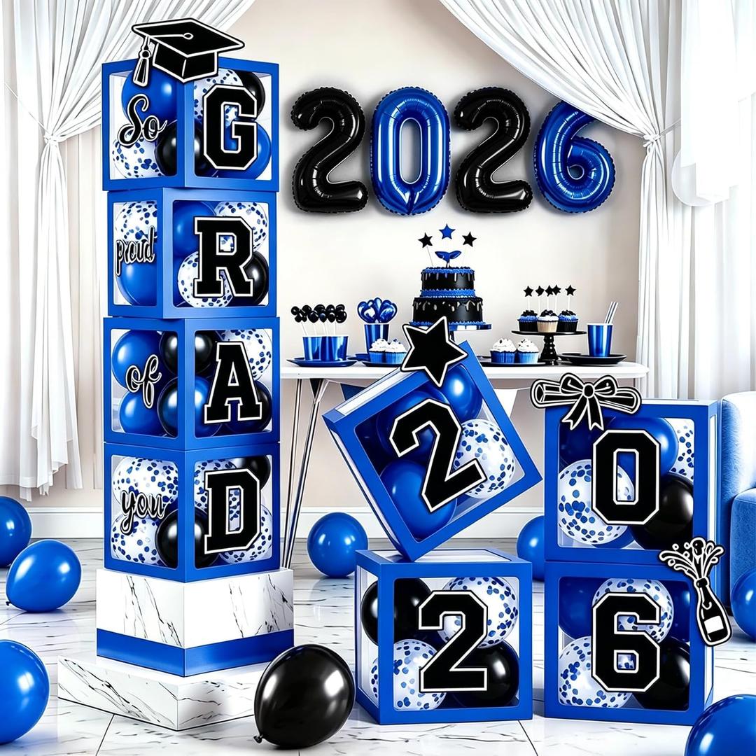 2026 Graduation Balloon Boxes Decorations Clear Balloon Box Stack with GRAD Letters for Graduation Party Table and Floor Display