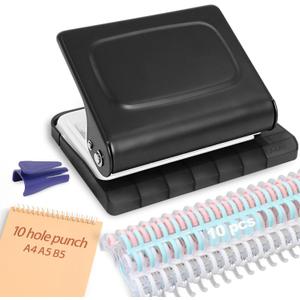 10 Hole Punch Binding Machine for Planners with 10 Multi-Color Binder Rings,30 Holes on A4,20 Holes on A5,26 Holes on B5,10 Sheet Capacity (Black)