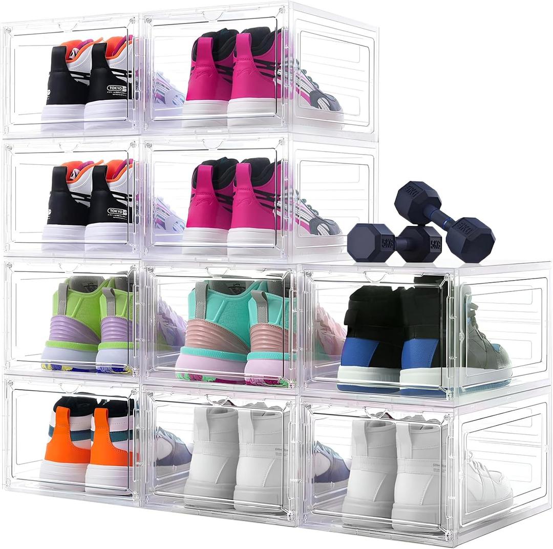 10 Pack Shoe Boxes Clear Plastic Stackable, Large Shoe Storage Organizer with Magnetic Clear Door, Shoe Container Sneaker Storage Display Case Fit up to US Size 12