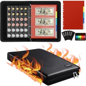 Fireproof Coin Collection Book Holder for Collector, 386 Pockets Coins Collecting Album Supplies & 12 Currency Sleeves Money Organizer Storage Case for Bill, Quarters, Pennies, Stamps
