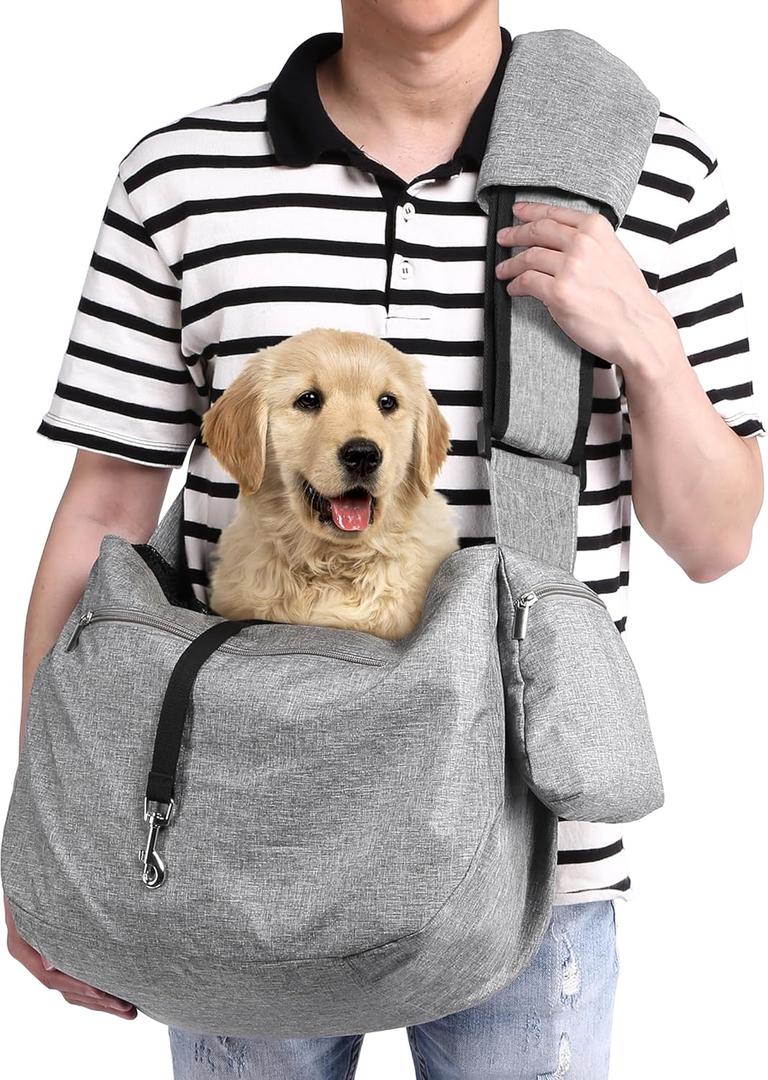 Ownpets Pet Sling Carrier, Fits 15 to 25lbs Extra-Large Dog/Cat Sling Carrier Reversible and Hands-Free Dog Bag with Adjustable Strap and Pocket Shoulder Pad for Outdoor Travel Hiking (Grey)