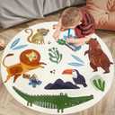 Kids Play Mat 4Ft Round Jungle Animal Carpet Circle Zoo Bedroom Rug for Boys Girls Nonslip Soft Bathroom Children Playroom Plush Floor Rug for Nursery Living Room Decor (4'X4')