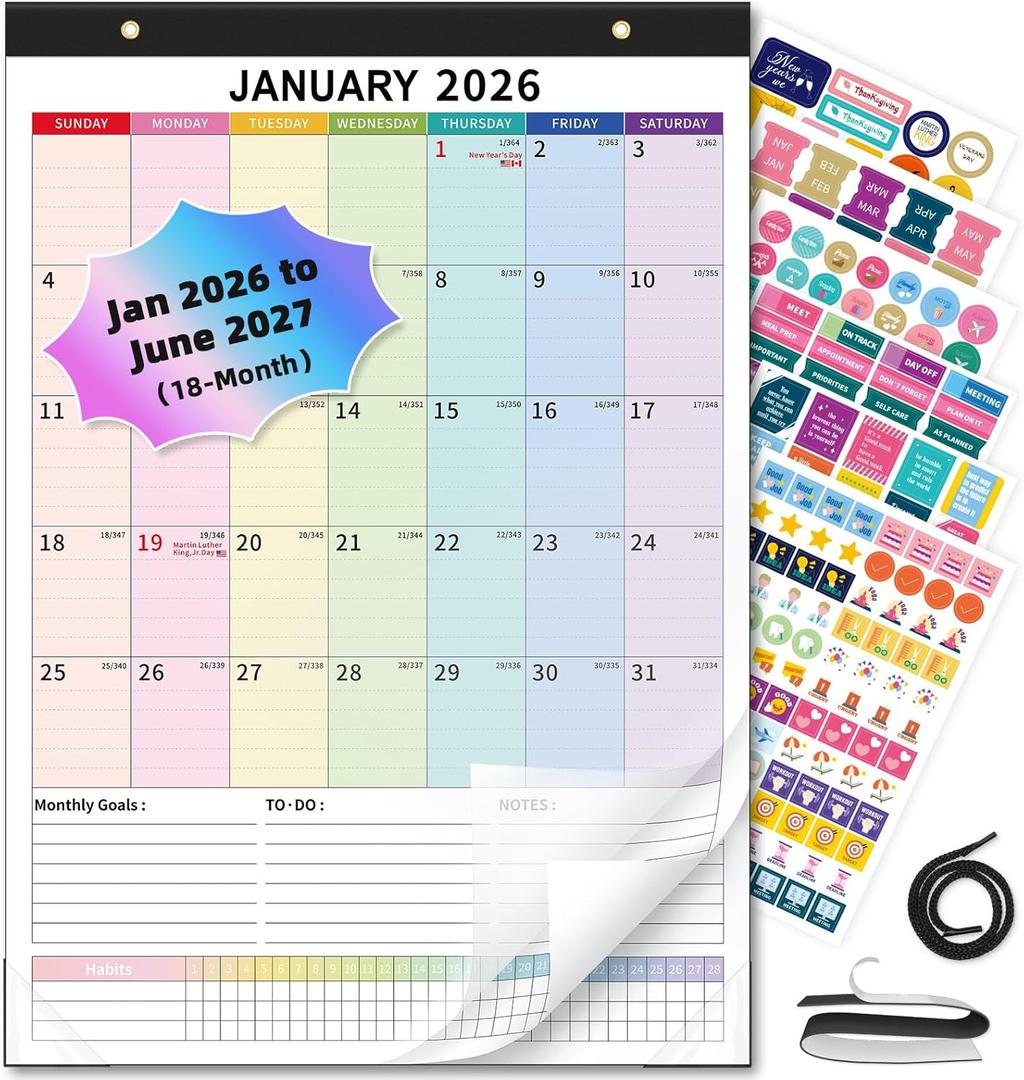 Ospelelf Wall Calendar 2026-2027 Magnetic Calendar for Refrigerator, 12'' x 17'' Desk Calendar 18 Month, Use Jan 2026 - June 2027, Multicolor