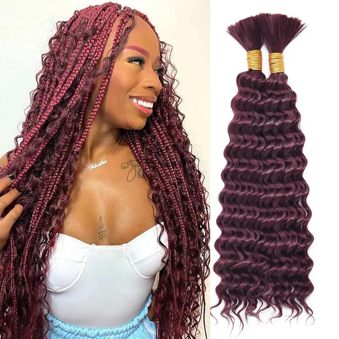 Eacia 20 Inch Deep Wave Bulk Hair for Braiding 2 Bundles 200g Burgundy Curly Braiding Hair for Boho Braids Micro Twist No Weft Wet and Wavy Extensions (99j#)