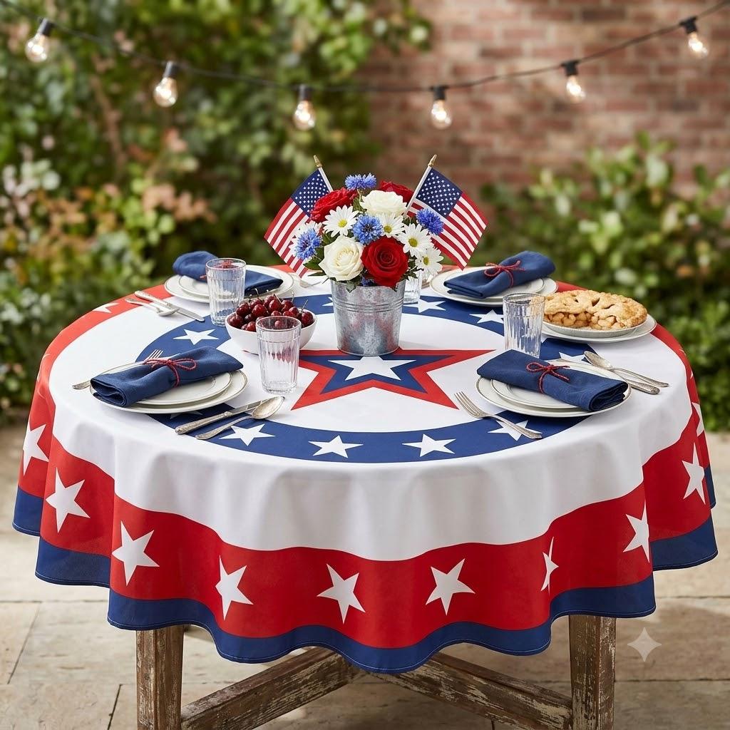 4th of July Patriotic Round Tablecloth Memorial Day Independence Day Tablecloth American Flag Washable Table Cloth for Party Picnic Dinner Home Decor