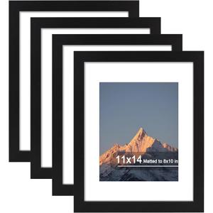 11x14 Picture Frame Set of 4, High Definition Real Glass, Display Pictures 8x10 with Mat or 11x14 Without Mat, Gallery Wall Hanging Photo Frames, Black