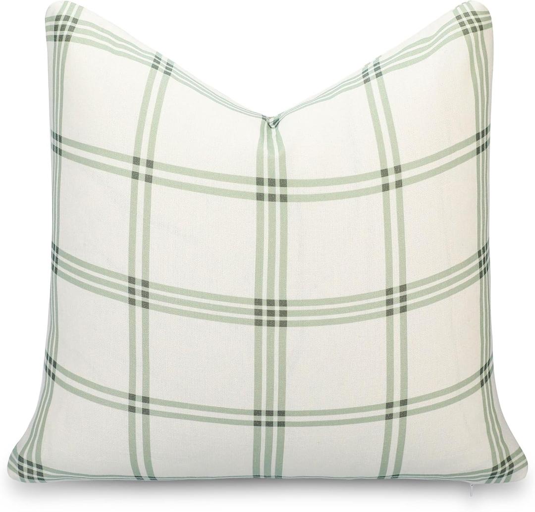 Crumbs Home Modern Farmhouse California Casual Indoor Outdoor Throw Pillow Cover, 22"x22" Water Repellent for Patio, Backyard, Couch, Poolside, Olive Light Green Print Plaid