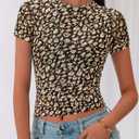 BTFBM Womens Sheer Mesh Summer Tops 2025 Crewneck Short Sleeve Print Ruched Crop Top Slim Fit Club Going Out T Shirts (L)