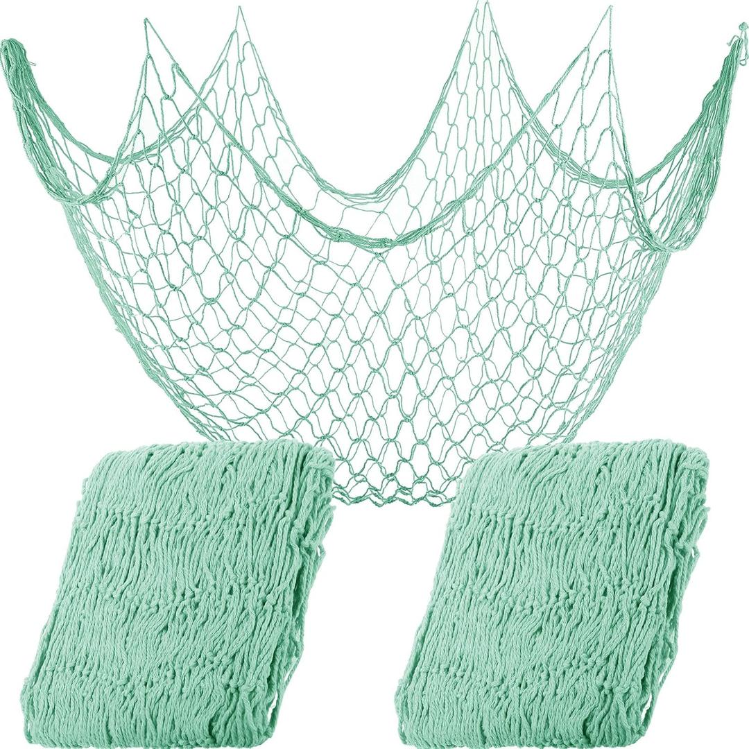 2 Pcs Fish Net Decorative 80 x 40 Inch, Wall Hanging Fishnet for Mermaid, Pirate, Nautical, Under The Sea Party Decorations, Ocean Nursery Themed Hawaii Beach Birthday Party Supplies(Aqua)