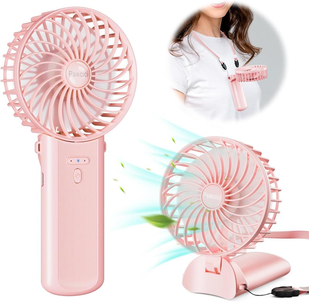 Psecici Handheld Fan, Mini Portable Personal Fan with lanyard, 4 Speeds Level 180 Foldable Design for Desk/Travel/Office/Outdoor (Pink)