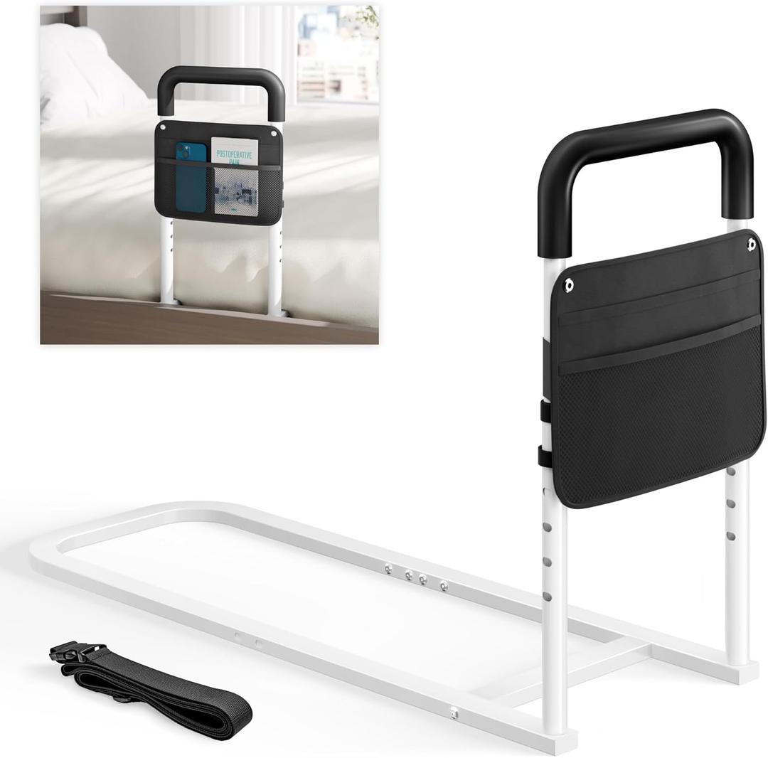 Bed Rails for Elderly Adults Safety - Adjustable Flat-Tube Design Bedrail for seniors with Storage Pocket and Non-Slip Handle for Getting in&out of Bed, hold up to 300LBs - Fits Twin Full Queen King