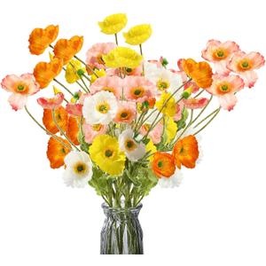 30 Pcs Silk Artificial Poppy Faux Poppy Spring Flowers for Home Kitchen Wedding Decorations Floral Arrangement Table Centerpieces Vase Bouquet Outdoor Halloween Party Decor (Mixed Colors)