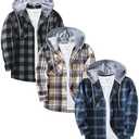 ZITY 3 Pack Men's Flannel Hoodie Shirts Long Sleeve Casual Vintage Button Down Plaid Shirt Jacket with Pocket Large