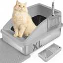 Large Stainless Steel Cat Litter Box, Enclosed Litter Box for Multiple Cats, Spacious and Easy to Maintain, Sturdy Metal Construction with Upper Cover, Litter Pad, Shovel and Footboard (Silver Gray)