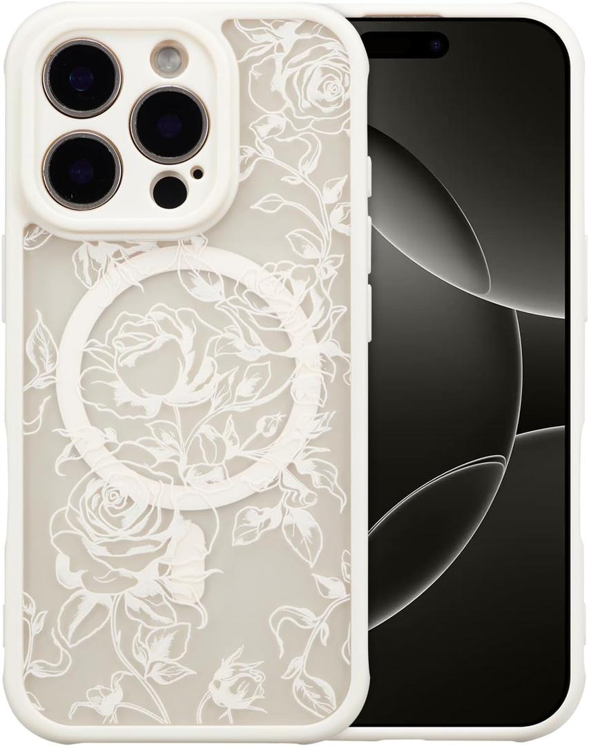XIZYO Magnetic Case for iPhone 16 Pro Max, Floral Flower Cute Aesthetic Case [Compatible with Magsafe] for Women Girls Rose Pattern Slim TPU Bumper Shockproof Protective Cover, Branch Rose/White